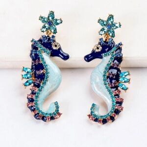 Elegant Seahorse Earrings with Blue and Pink Accents, Cubic Zirconia Seahorses